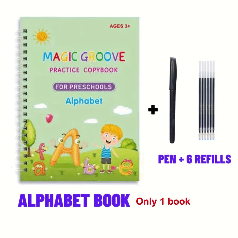 Aprende Caligrafía Inglesa con Set Mágico Reutilizable de 4 Libros para Niños; Incluye Páginas Ecológicas, Bolígrafo Ergonómico & Empuñadura, Recargas - Portátil y Perforado - SACASUSA