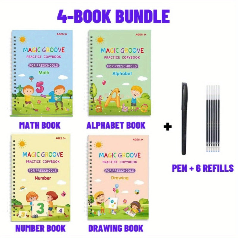 Aprende Caligrafía Inglesa con Set Mágico Reutilizable de 4 Libros para Niños; Incluye Páginas Ecológicas, Bolígrafo Ergonómico & Empuñadura, Recargas - Portátil y Perforado - SACASUSA