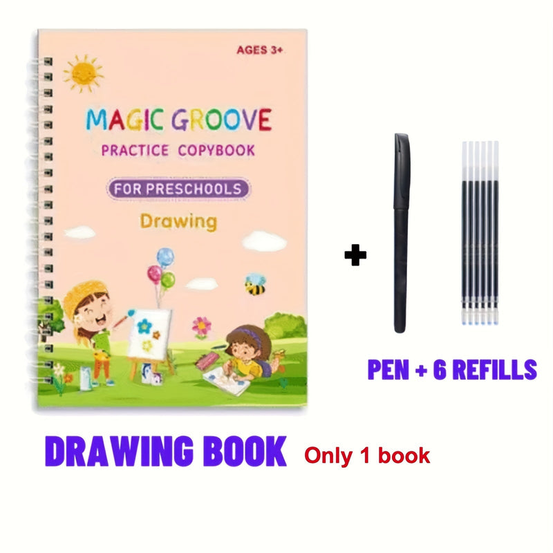 Aprende Caligrafía Inglesa con Set Mágico Reutilizable de 4 Libros para Niños; Incluye Páginas Ecológicas, Bolígrafo Ergonómico & Empuñadura, Recargas - Portátil y Perforado - SACASUSA