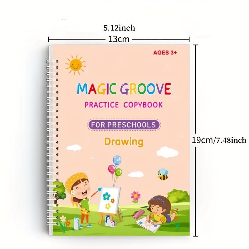 Aprende Caligrafía Inglesa con Set Mágico Reutilizable de 4 Libros para Niños; Incluye Páginas Ecológicas, Bolígrafo Ergonómico & Empuñadura, Recargas - Portátil y Perforado - SACASUSA