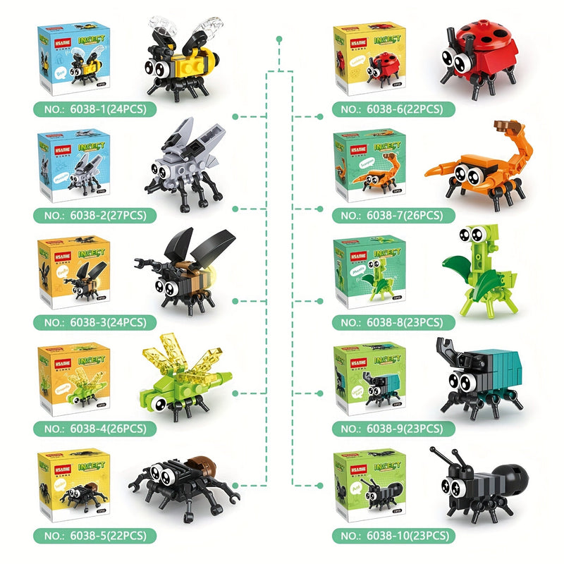 Bloques de Construcción 6-en-1 de Insectos para Niños Curiosos 6-8 - Juego Educativo STEM con Abeja, Mariquita y Más - Kit de ABS Duradero como Regalo Ideal - SACASUSA