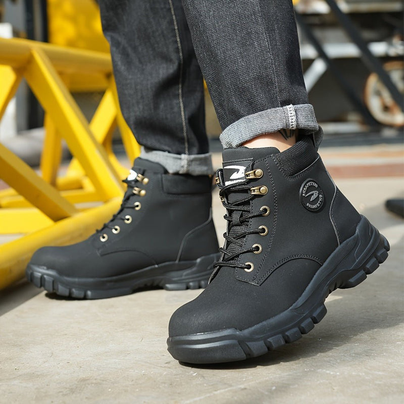 Botines clásicos con punta de acero para hombre de talla grande, cómodos zapatos de trabajo informales con cordones antideslizantes para actividades al aire libre para hombres - SACASUSA