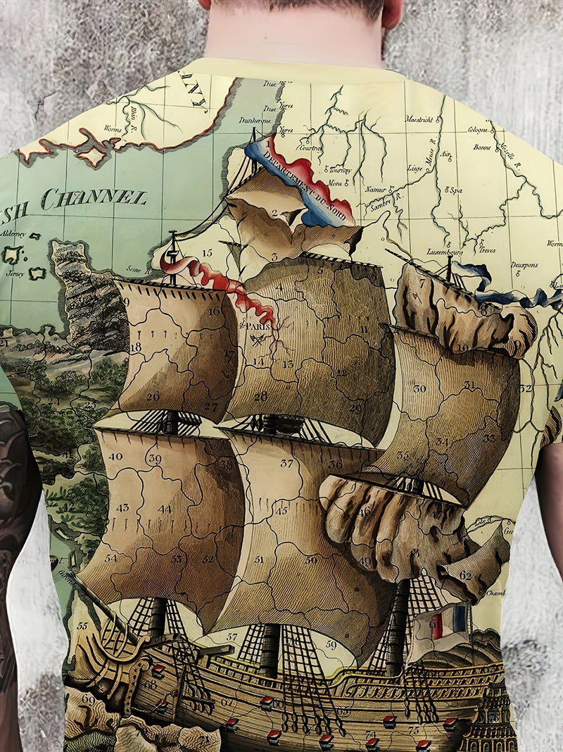 Camisetas Con Estampado De Galeón Con Cuello Redondo, Elegante Impresión Digital En 3D, Estilosas, Casuales, De Mangas Cortas, Cómodas, Ajustadas, Ropa De Verano Para Hombres. - SACASUSA