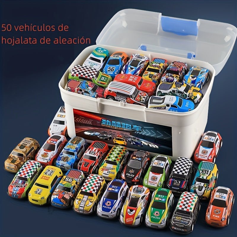 Conjunto De 50 Piezas Con Caja De Almacenamiento De Mini Coches De Aleación, Coches De Lata, Coches De Retroceso Y Coches Deslizantes. Juguetes Para Niños, Regalo De Halloween Y Navidad Para Niños Y Niñas. - SACASUSA