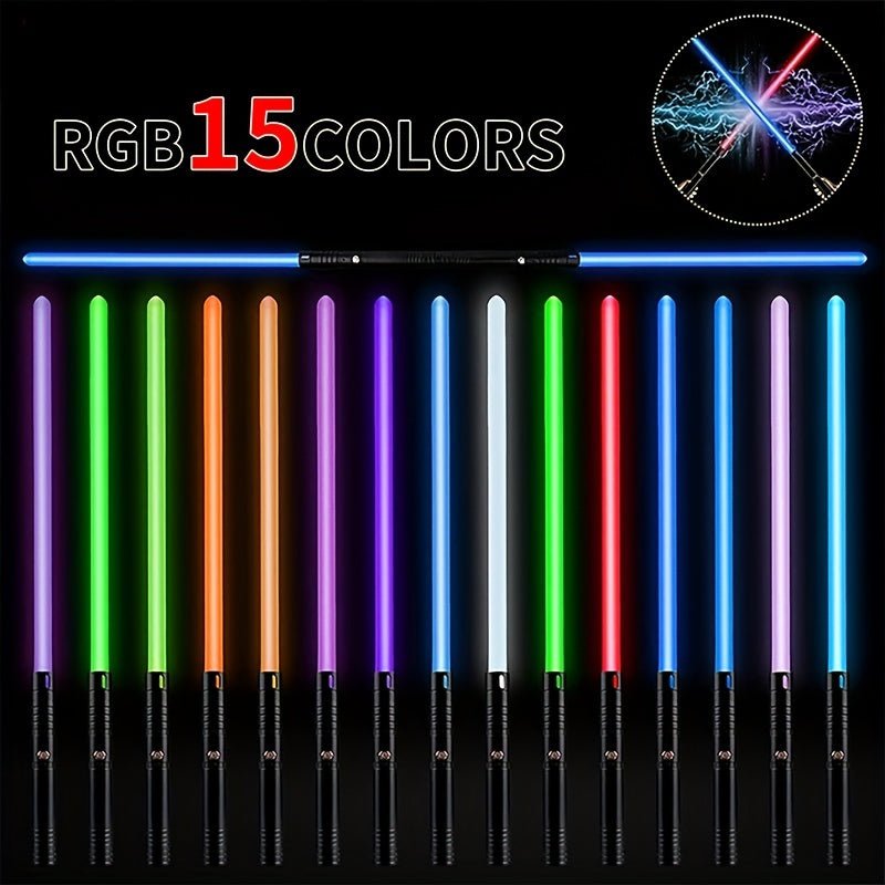 Juego Dual de Sables de Luz RGB, Mango de Aleación de Aluminio, 15 Colores, Recargable USB-C, Ideal para Cosplay y Fiestas, 14+ - SACASUSA