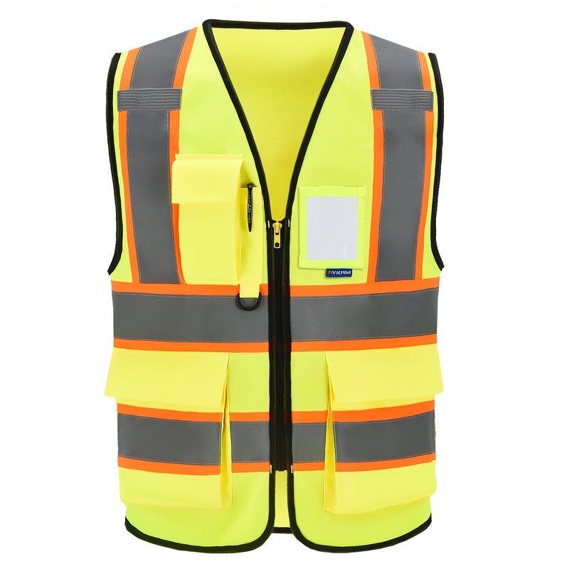 AYKRM Chaleco De Seguridad De Alta Visibilidad Con Bolsillos Tiras Reflectantes Y Cremallera,Amarillo Naranja(XS-6XL)