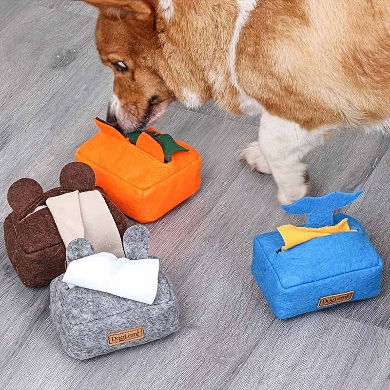 1 pieza Caja de pañuelos interactiva para mascotas, juguete con sonido, juguete para masticar con chirrido para perros, promueve la limpieza de los dientes y los beneficios del entrenamiento, accesorio de mascotas - SACASUSA