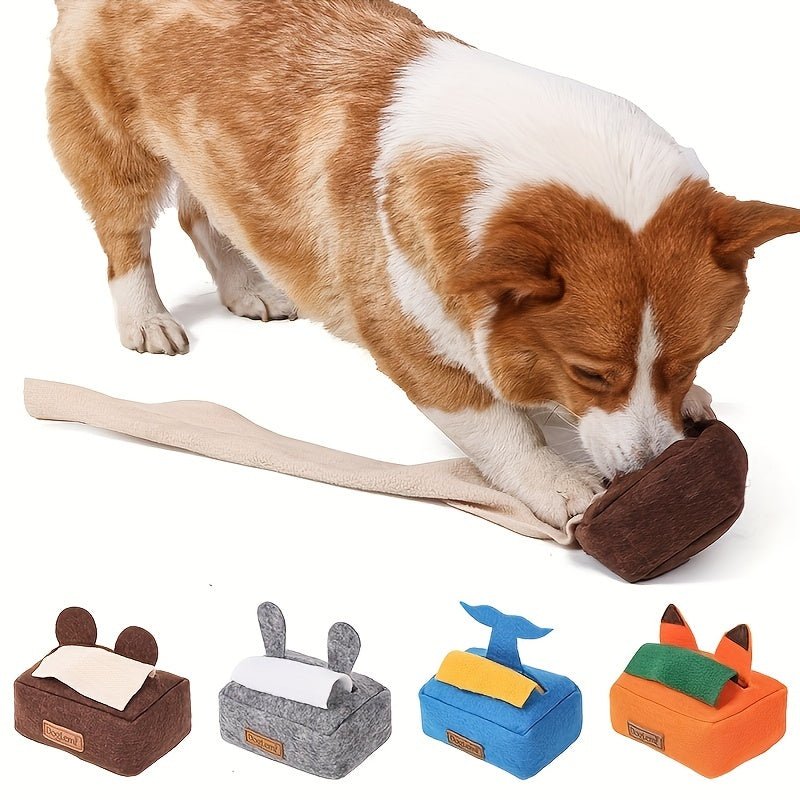 1 pieza Caja de pañuelos interactiva para mascotas, juguete con sonido, juguete para masticar con chirrido para perros, promueve la limpieza de los dientes y los beneficios del entrenamiento, accesorio de mascotas - SACASUSA