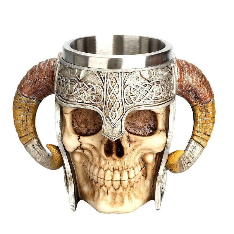 1 Taza De Calavera Con Forma De Esqueleto, Cerveza, Esqueleto Creativo, Caballero, Cuerno De Carnero, Taza De Resina, Doble Cuerno De Carnero, Taza Para Beber De Acero Inoxidable, Taza De Oficina - SACASUSA