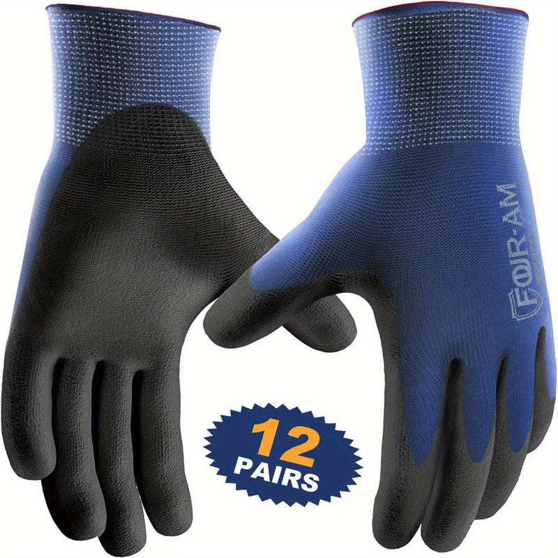 12 pares de guantes de trabajo ultradelgados con revestimiento de PU, excelente agarre, cubierta de nailon, guantes de trabajo de seguridad con revestimiento de poliuretano negro, muñequera tejida, ideales para trabajos ligeros - SACASUSA