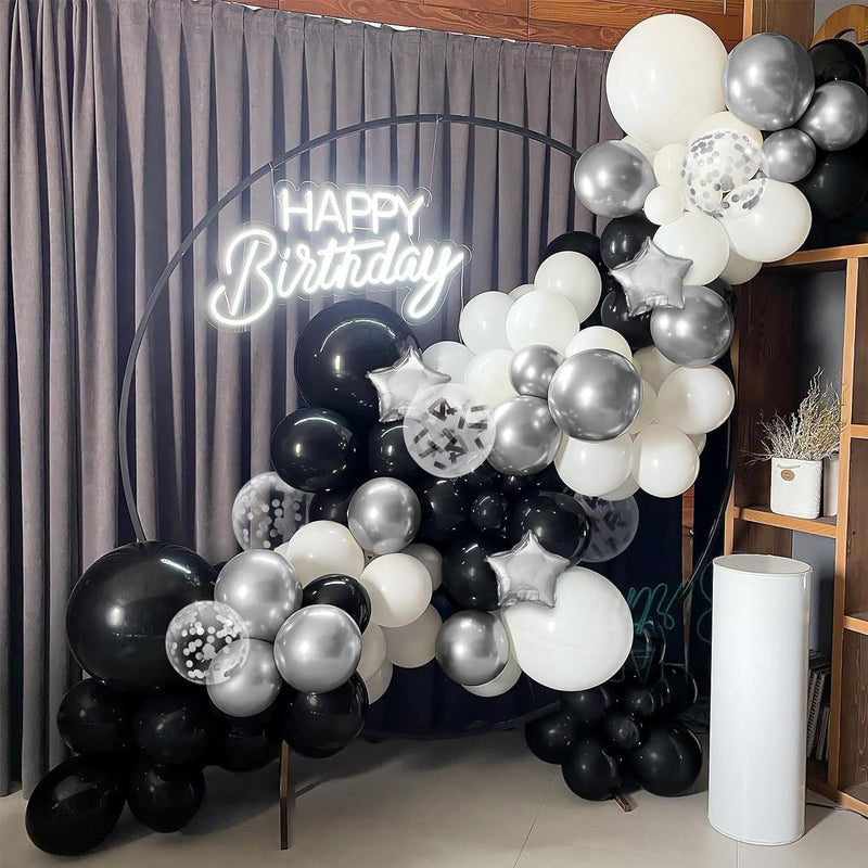 131pcs, Conjunto De Arco De Corona De Globos Negros Plateados Y Blancos Con Globos De Estrella Plateados Para Cumpleaños, Bodas, Compromisos, Aniversarios, Ceremonias De Graduación, Decoración De Soltera De Novia, Decoración De Fiesta - SACASUSA