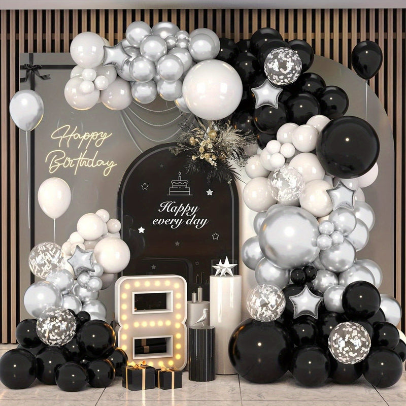 131pcs, Conjunto De Arco De Corona De Globos Negros Plateados Y Blancos Con Globos De Estrella Plateados Para Cumpleaños, Bodas, Compromisos, Aniversarios, Ceremonias De Graduación, Decoración De Soltera De Novia, Decoración De Fiesta - SACASUSA