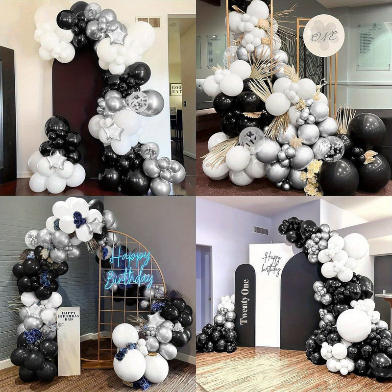 131pcs, Conjunto De Arco De Corona De Globos Negros Plateados Y Blancos Con Globos De Estrella Plateados Para Cumpleaños, Bodas, Compromisos, Aniversarios, Ceremonias De Graduación, Decoración De Soltera De Novia, Decoración De Fiesta - SACASUSA