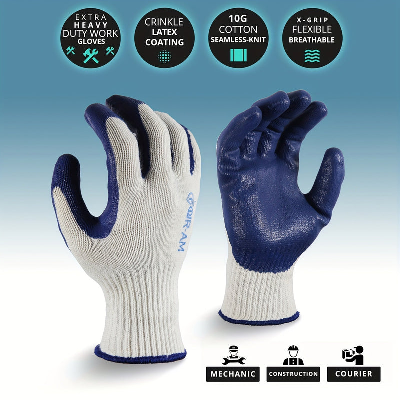 1/6 Pares 10G Guantes De Trabajo De Algodón De Látex Azul Multiusos, Recubiertos De Nitrilo Y Goma En La Palma Para Un Agarre Firme, De Alta Resistencia Premium, Construcción, Almacén, Jardinería, Guantes De Uso General - SACASUSA