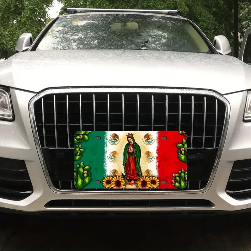 1pc Bandera Mexicana Nuestra Señora De Guadalupe Placa De Metal Para Coche, Accesorios Para Coche, Placa De Matrícula De Aluminio Para Coche - SACASUSA