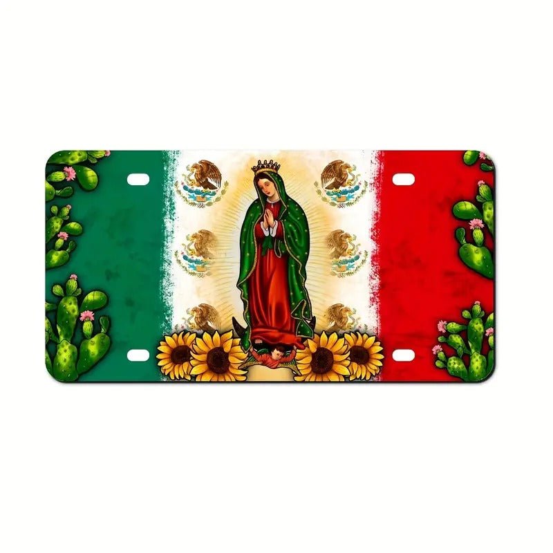 1pc Bandera Mexicana Nuestra Señora De Guadalupe Placa De Metal Para Coche, Accesorios Para Coche, Placa De Matrícula De Aluminio Para Coche - SACASUSA