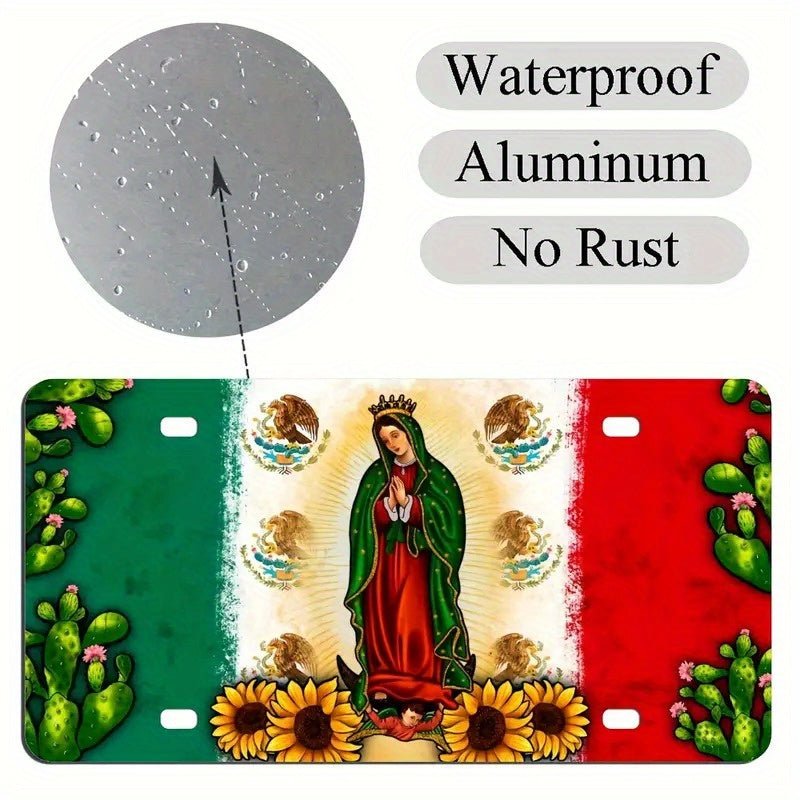 1pc Bandera Mexicana Nuestra Señora De Guadalupe Placa De Metal Para Coche, Accesorios Para Coche, Placa De Matrícula De Aluminio Para Coche - SACASUSA