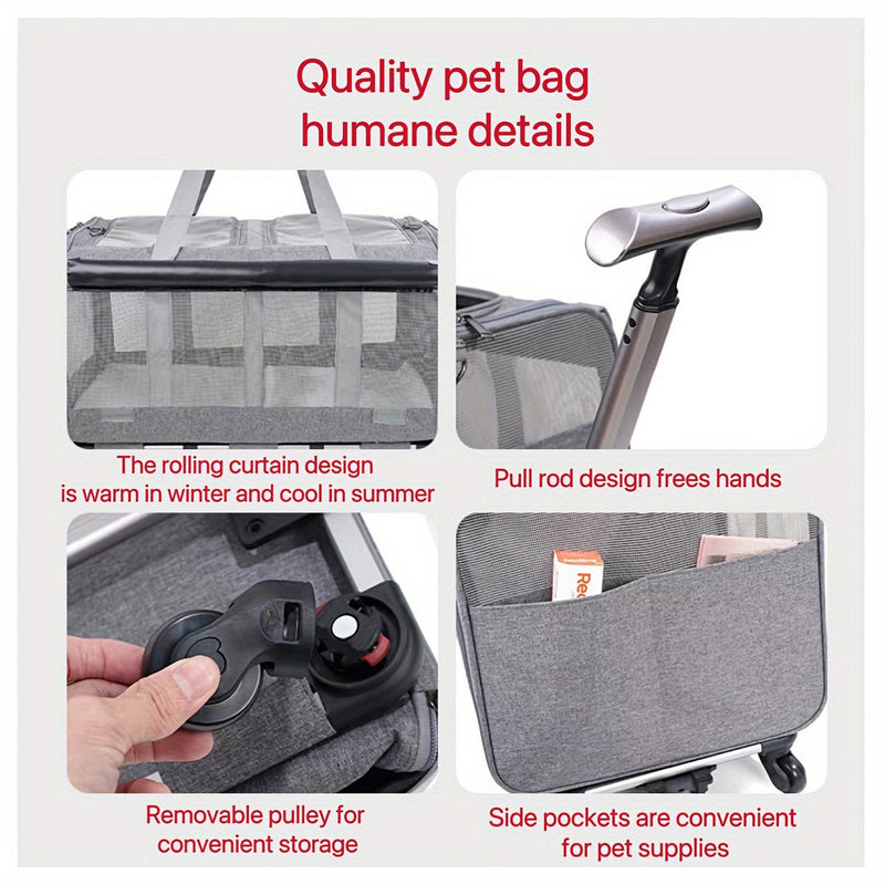 1pc Carrito De Mascotas De Doble Compartimento Con Ruedas, Puede Contener 2 Mascotas, Puede Contener 2 Gatos O Dos Perros Pequeños O Medianos, Diseño De Súper Ventilación, Ideal Para Viajar / Hacer Senderismo / Acampar - SACASUSA