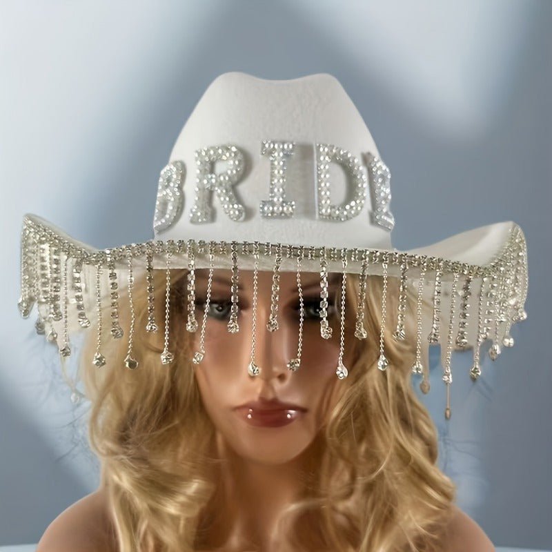 1pc, Sombrero De Vaquera Con Flecos De Perlas Para Novia, Sombrero De Fiesta De Lujo Para Bodas, Accesorio Para Despedida De Soltera, Sombrero De Vaquera Para Novia, Sombrero De Boda, Suministros De Vacaciones - SACASUSA