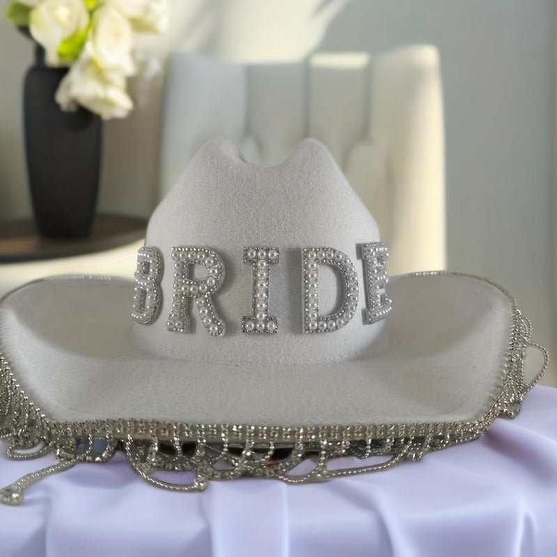 1pc, Sombrero De Vaquera Con Flecos De Perlas Para Novia, Sombrero De Fiesta De Lujo Para Bodas, Accesorio Para Despedida De Soltera, Sombrero De Vaquera Para Novia, Sombrero De Boda, Suministros De Vacaciones - SACASUSA