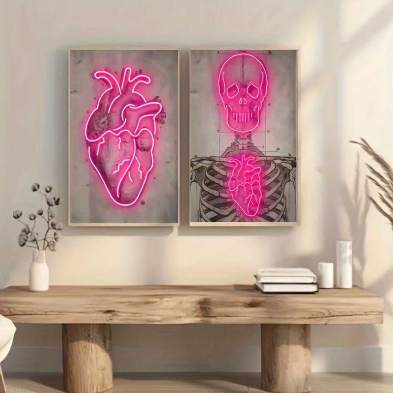 2pcs/set Impresión De Lienzo Abstracta, Carteles De Impresión De Cráneo De Neón Rosa Y Corazón, Pinturas De Arte De Pared De Lienzo, Pintura De Arte De Pared Para Sala De Estar, Dormitorio, Baño, Oficina, Pasillo, Cocina, Decoración De Paredes, Sin Marcos - SACASUSA