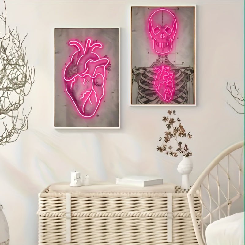 2pcs/set Impresión De Lienzo Abstracta, Carteles De Impresión De Cráneo De Neón Rosa Y Corazón, Pinturas De Arte De Pared De Lienzo, Pintura De Arte De Pared Para Sala De Estar, Dormitorio, Baño, Oficina, Pasillo, Cocina, Decoración De Paredes, Sin Marcos - SACASUSA