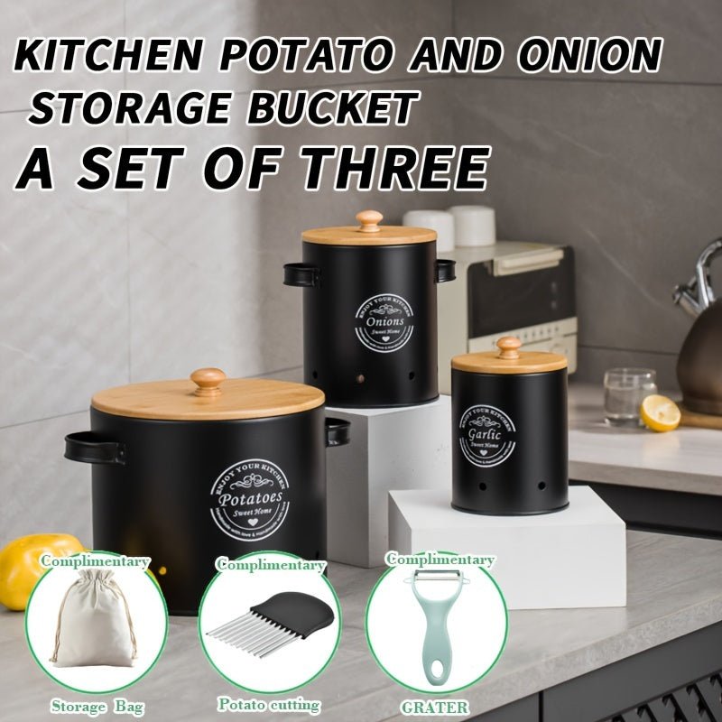 6pcs De 1 Set, Latas Metálicas Multifuncionales De Cocina Con Tapas De Madera, Cubo De Almacenamiento De Patatas Y Cebollas Lavable De Cocina, Caja De Almacenamiento Transpirable Y Reutilizable, Suministros De Cocina - SACASUSA