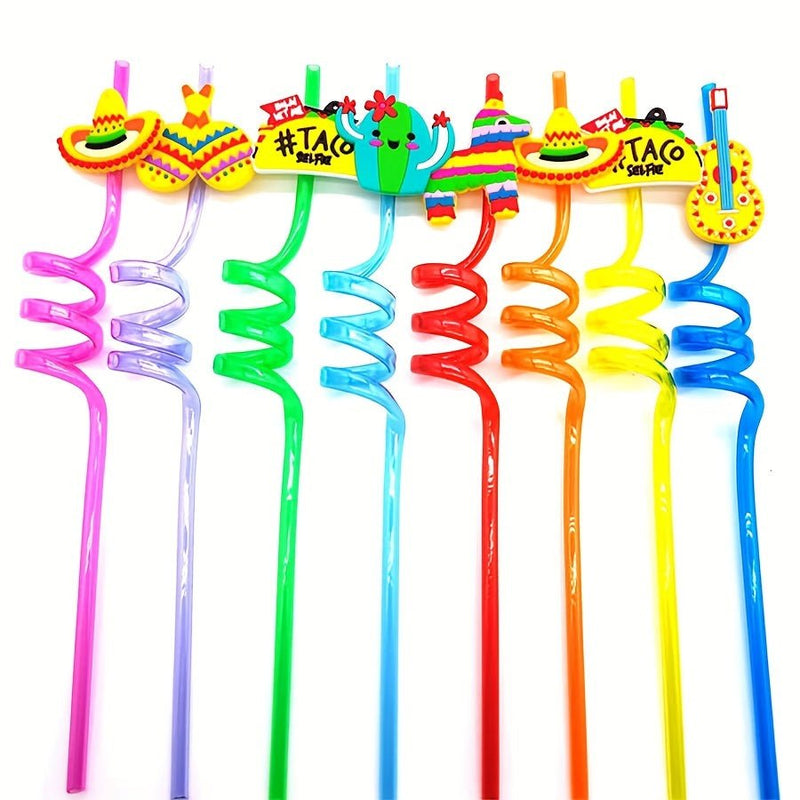 8pcs Straw, Reusable Mexico Cartoon Bent Drinking Straw, Food-grade Plastic Straws, Decorative Straw For Festival Party Wedding Cocktail Bar Beach, Kitchen Utensils, Chrismas Gifts, Halloween Gift - SACASUSA