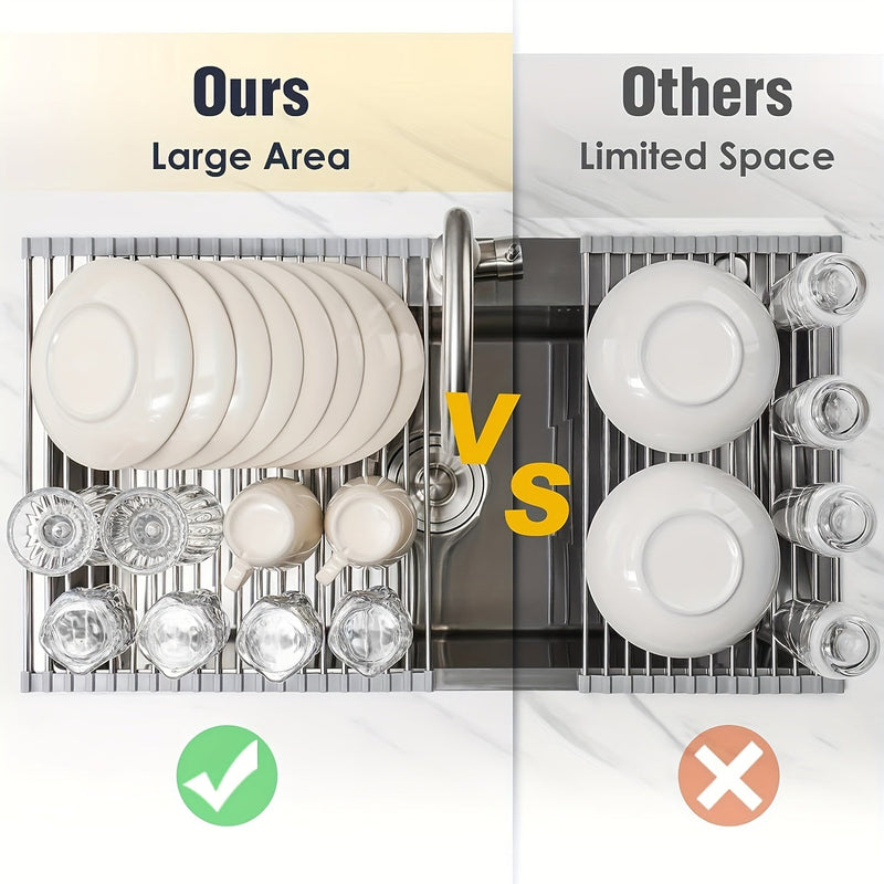 Ahorro de Espacio Acero Inoxidable Encima del Fregadero Enrollable Escurreplatos, Plegable y Multifuncional, Ideal para la Organización de la Cocina (47cm x 30cm) - SACASUSA