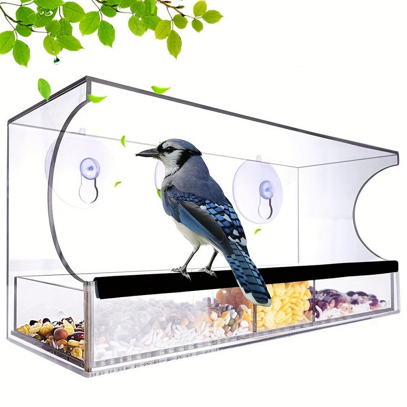 Alimentador de pájaros colgante para ventana, dispositivo de drenaje con bandeja de alimentación deslizante de techo extendido, carcasa resistente a la intemperie, jaula de vidrio transparente, con ventosa. - SACASUSA