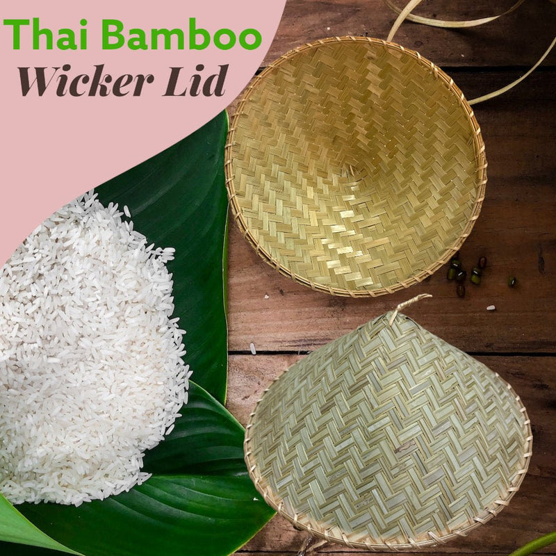 Auténtica cocina tailandesa hecha a mano con nuestra vaporera de arroz glutinoso pegajosa de bambú, ala de canasta grande y tapa redonda de mimbre - SACASUSA