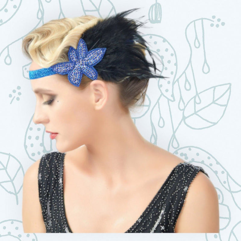 Azul Vintage inspirado El gran Gatsby Rhinestone con cuentas diadema 1920 tocado Flapper negro pluma nupcial tocado de boda Art Déco - SACASUSA