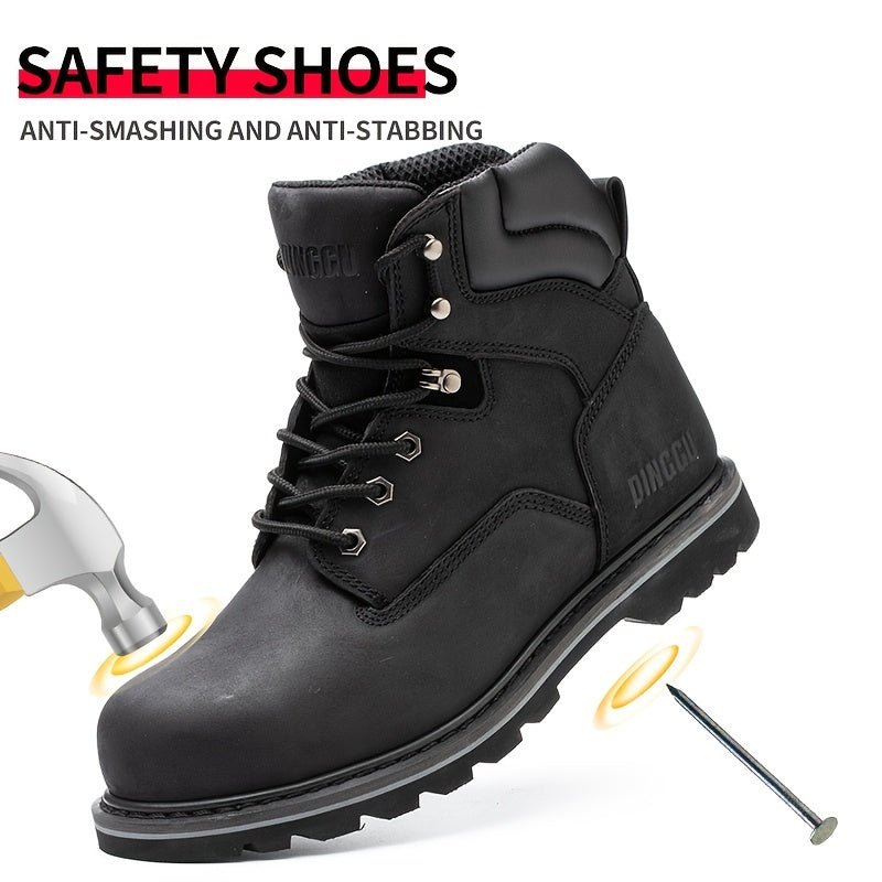 Botas de Seguridad DingGu con Punta Redonda: Duraderas de Cuero, Antideslizantes & Resistente a Perforaciones, con Puntera de Acero para Trabajo Industrial, Cómodas en Todas las Estaciones - SACASUSA