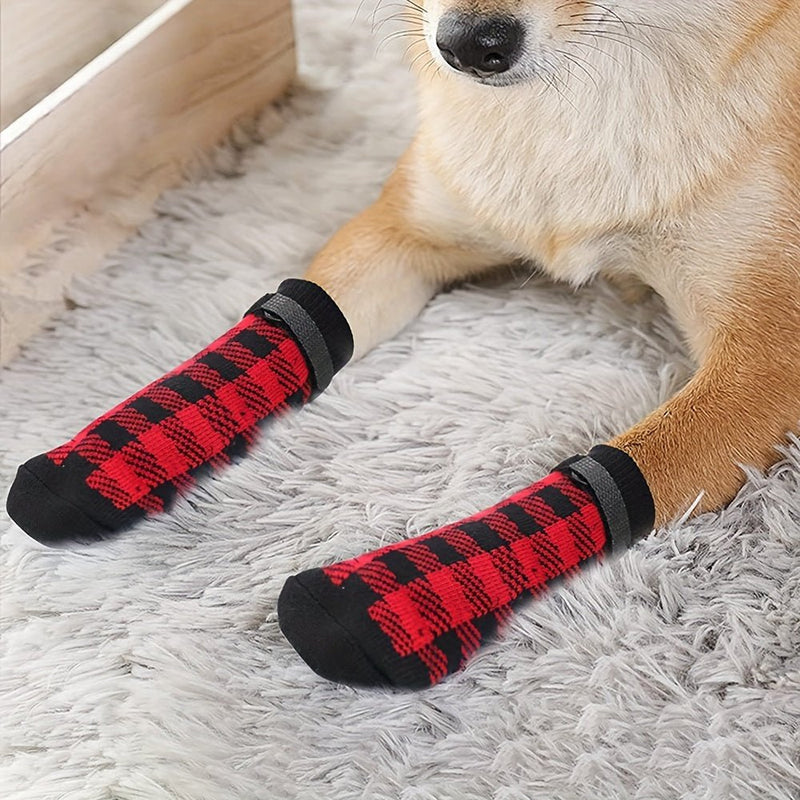 Calcetines antideslizantes a cuadros para perros, protectores de patas para interiores y exteriores, material de poliéster cómodo, cinta de gancho y bucle, adecuado para todas las razas - SACASUSA