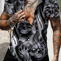 Camisa Casual de Verano para Hombre con Estampado 3D de Calavera: V-Neck, Tejido Transpirable, Elástico - Top Ideal - SACASUSA