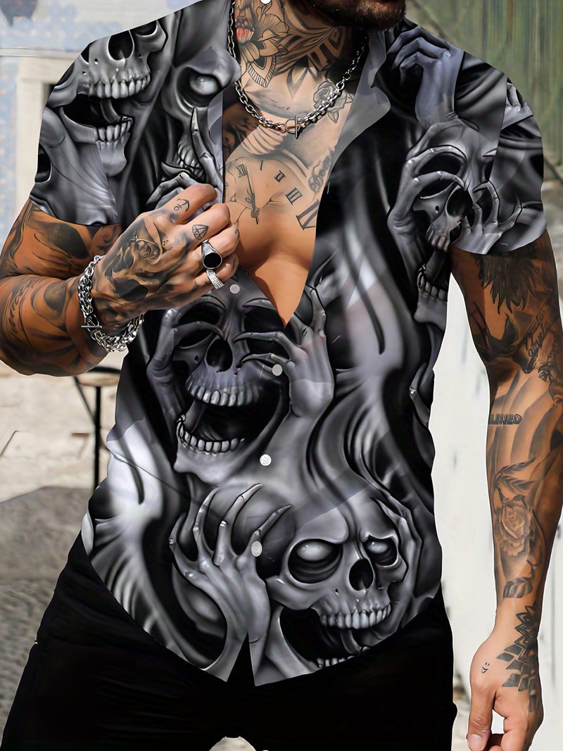 Camisa Casual de Verano para Hombre con Estampado 3D de Calavera: V-Neck, Tejido Transpirable, Elástico - Top Ideal - SACASUSA