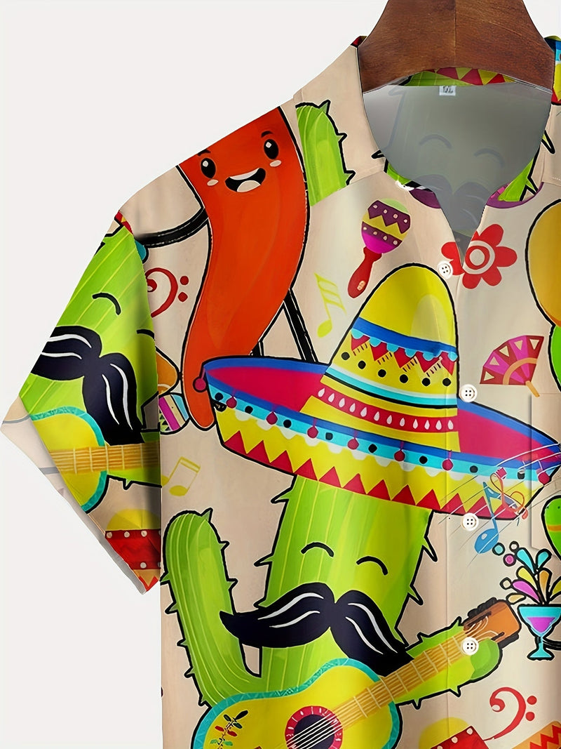 Camisa De Manga Corta Estilo Aloha Para Hombres Con Patrón De Cactus Y Pimiento En Estilo De Dibujos Animados Mexicanos, Ideal Para Vacaciones De Verano En Un Resort - SACASUSA