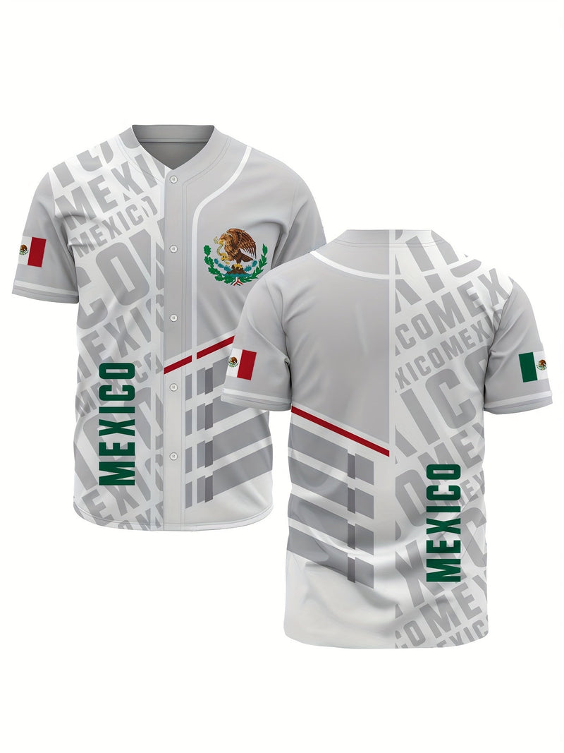 Camisa De Manga Corta Y Cuello En V Suelta Con Botones Para Hombres, Estampado Digital De Símbolos Y Letras De México, Jersey De Béisbol De Verano Para Hombres - SACASUSA