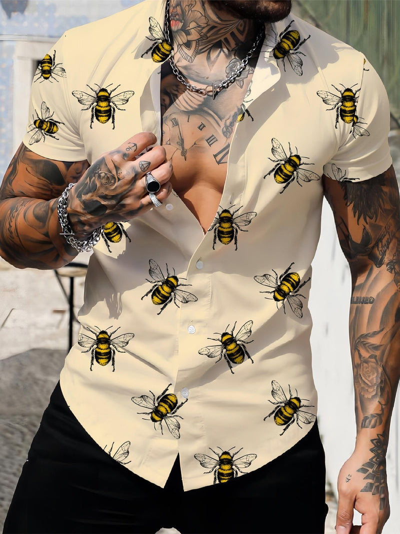 Camisa de Verano para Hombre con Estampado 3D de Abejas - V-Neck, Fácil Cuidado, Tela Elástica Cómoda - SACASUSA