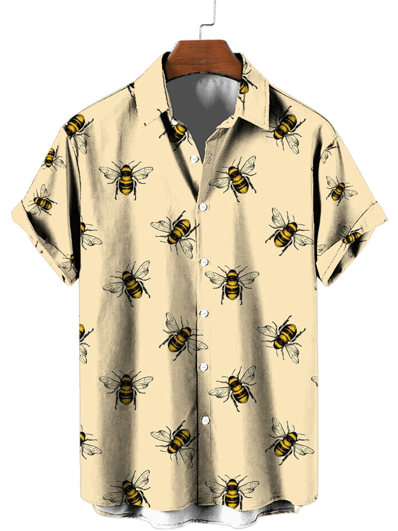 Camisa de Verano para Hombre con Estampado 3D de Abejas - V-Neck, Fácil Cuidado, Tela Elástica Cómoda - SACASUSA