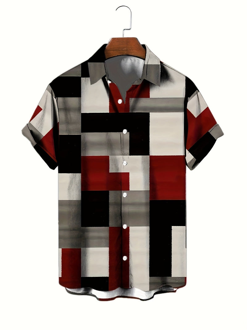 Camisa Estampada Geométrica Versátil para Hombre - Tejido Cómodo Elástico, Casual con Cuello V y Material Duradero, Fácil Mantenimiento - SACASUSA