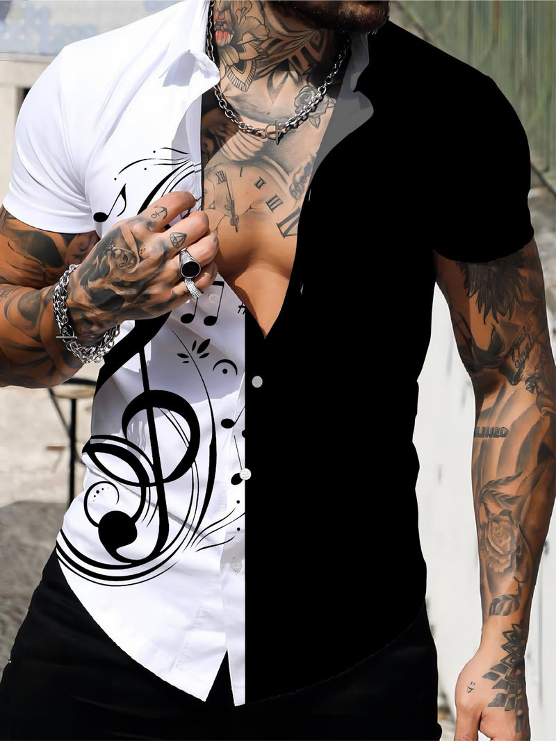 Camisas con botones y cuello en V de manga corta con estampado musical en 3D para hombres, con gráficos casuales, camisas de pijamas - SACASUSA