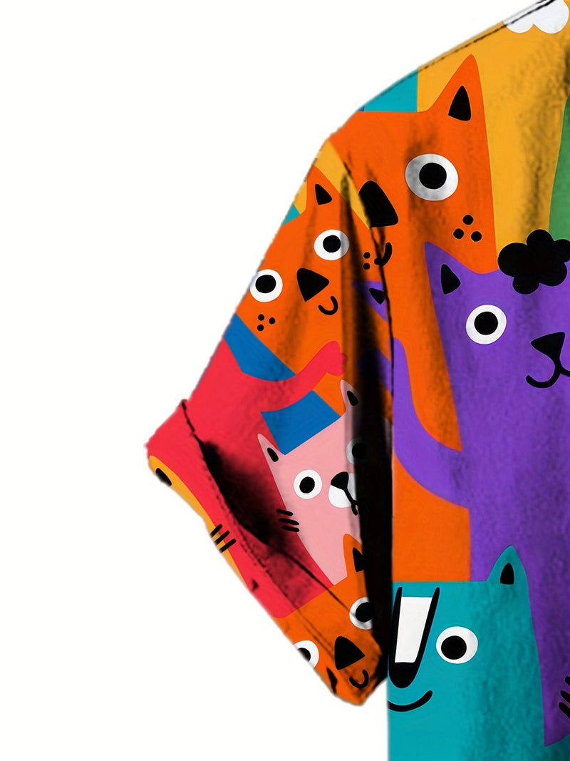 Camisas De Botón Con Cuello En V De Moda De Manga Corta Con Impresión 3D De Gato Colorido Para Hombres, Ropa De Verano Para Hombres, Tops Gráficos Casuales, Tops De Pijama Novedosos Para Hombres - SACASUSA