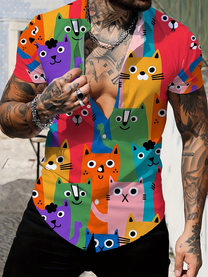 Camisas De Botón Con Cuello En V De Moda De Manga Corta Con Impresión 3D De Gato Colorido Para Hombres, Ropa De Verano Para Hombres, Tops Gráficos Casuales, Tops De Pijama Novedosos Para Hombres - SACASUSA