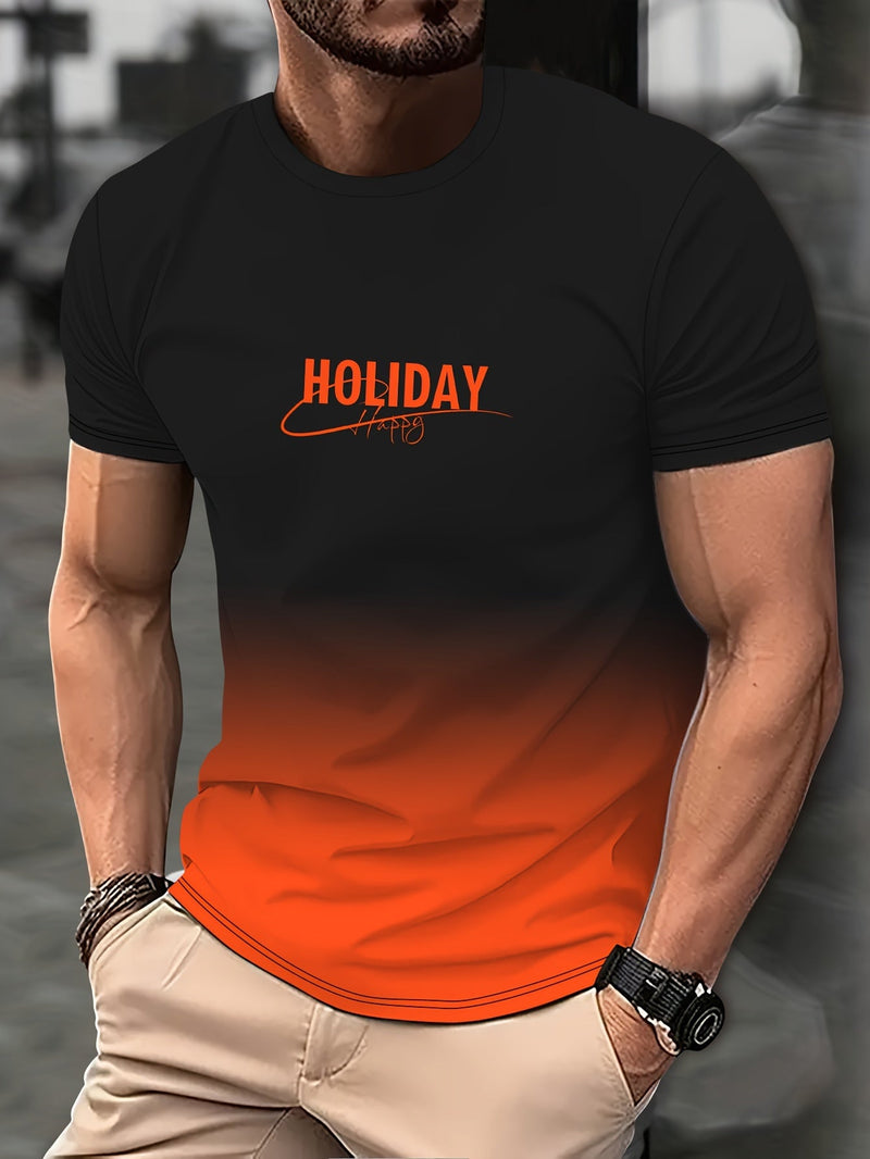 Camiseta casual De Manga Corta, cuello Redondo y con estampado de "Holiday", ropa novedosa con degradado de color para hombres, perfecta Para Actividades Al Aire Libre - SACASUSA