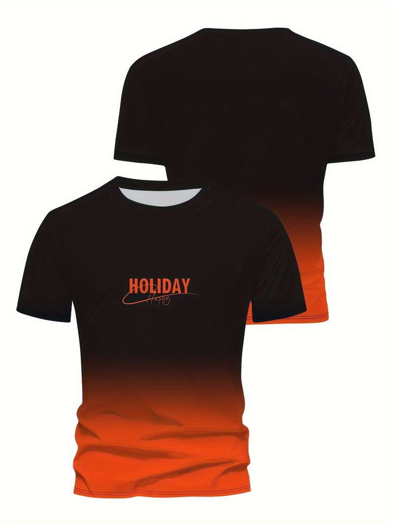 Camiseta casual De Manga Corta, cuello Redondo y con estampado de "Holiday", ropa novedosa con degradado de color para hombres, perfecta Para Actividades Al Aire Libre - SACASUSA