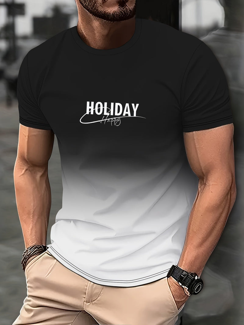 Camiseta casual De Manga Corta, cuello Redondo y con estampado de "Holiday", ropa novedosa con degradado de color para hombres, perfecta Para Actividades Al Aire Libre - SACASUSA
