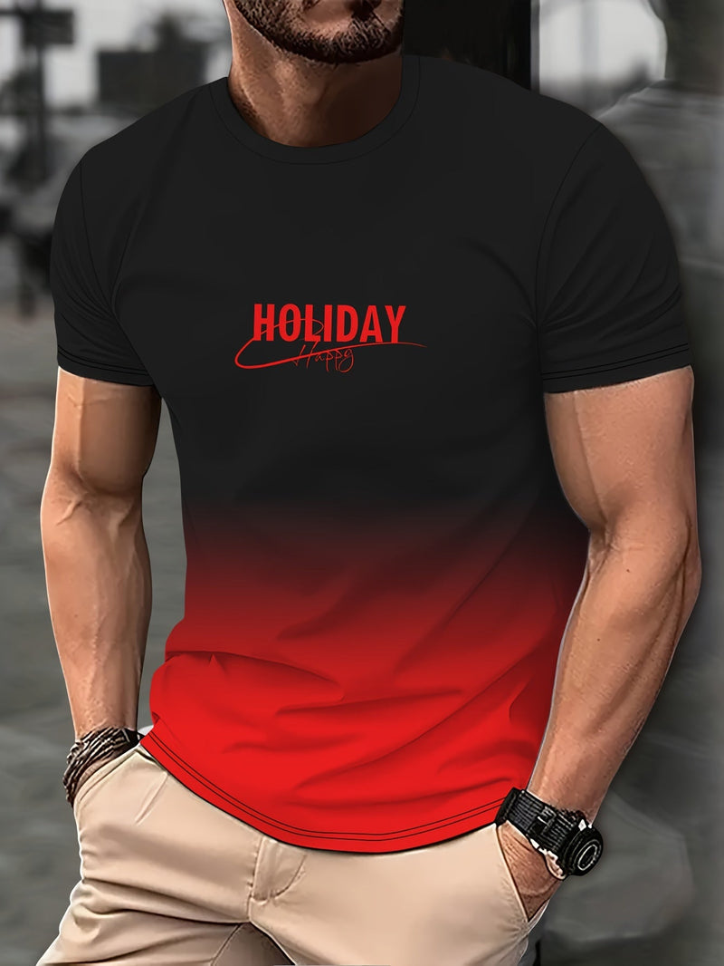 Camiseta casual De Manga Corta, cuello Redondo y con estampado de "Holiday", ropa novedosa con degradado de color para hombres, perfecta Para Actividades Al Aire Libre - SACASUSA