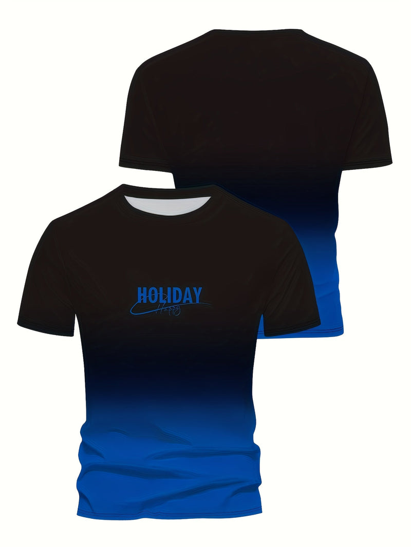 Camiseta casual De Manga Corta, cuello Redondo y con estampado de "Holiday", ropa novedosa con degradado de color para hombres, perfecta Para Actividades Al Aire Libre - SACASUSA