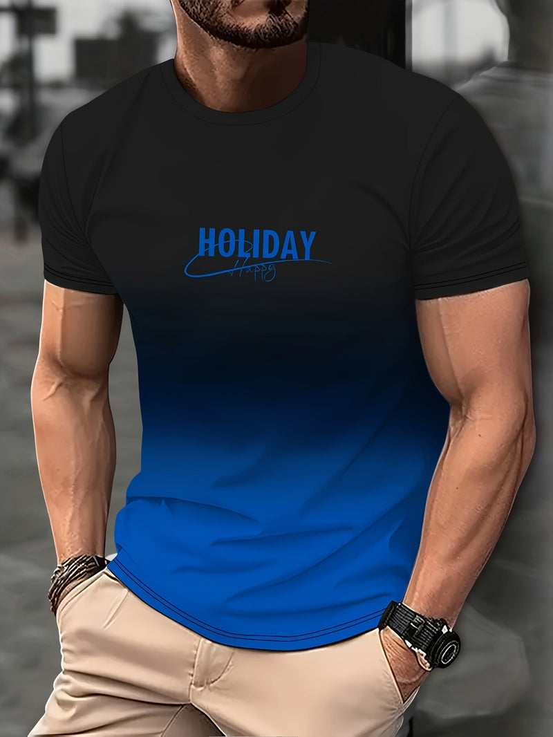 Camiseta casual De Manga Corta, cuello Redondo y con estampado de "Holiday", ropa novedosa con degradado de color para hombres, perfecta Para Actividades Al Aire Libre - SACASUSA